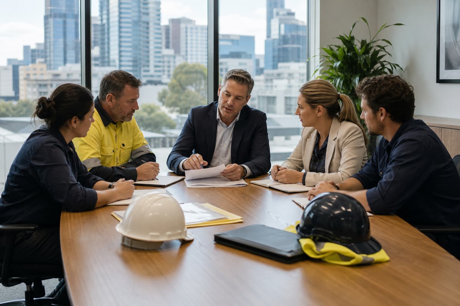Five people talking around a boardroom table, hard hats and a hi-vis jacket among them