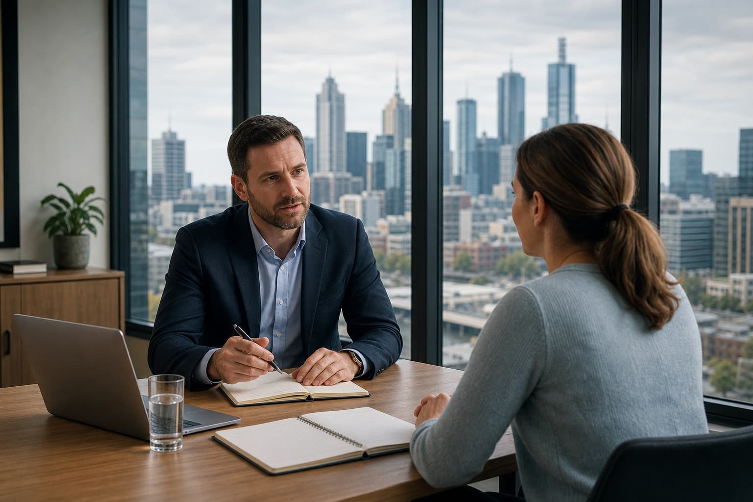 Two people talking across a desk in an office overlooking the Melbourne skyline