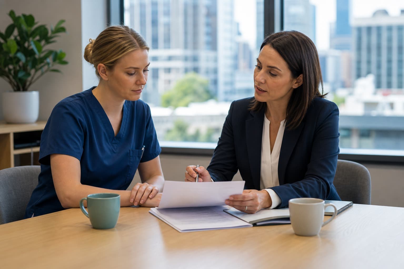 A healthcare worker in scrubs and a woman in a suit reading a document together at a table