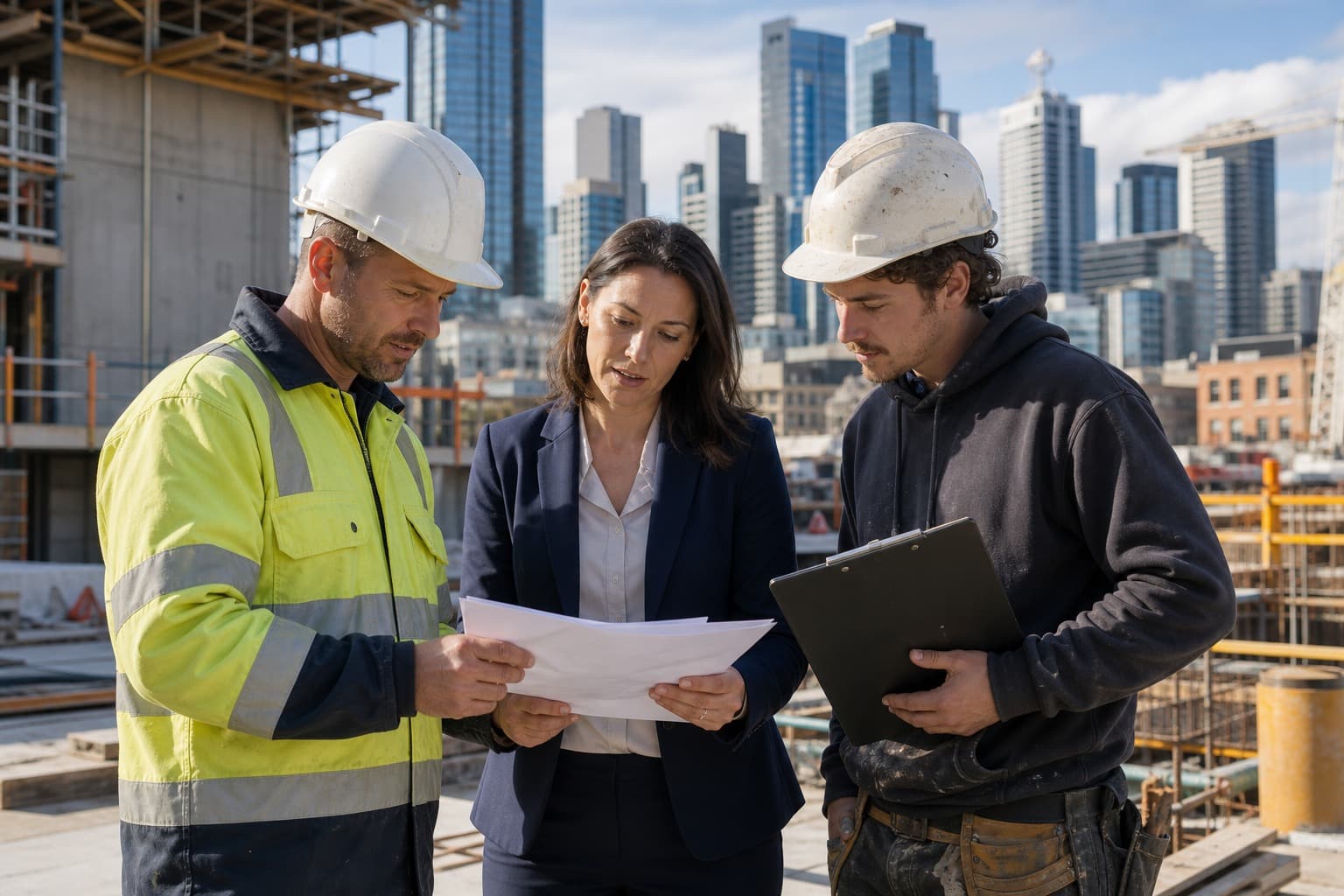 Two construction workers in hard hats and a woman in a suit reading a document on a building site, the Melbourne skyline behind them