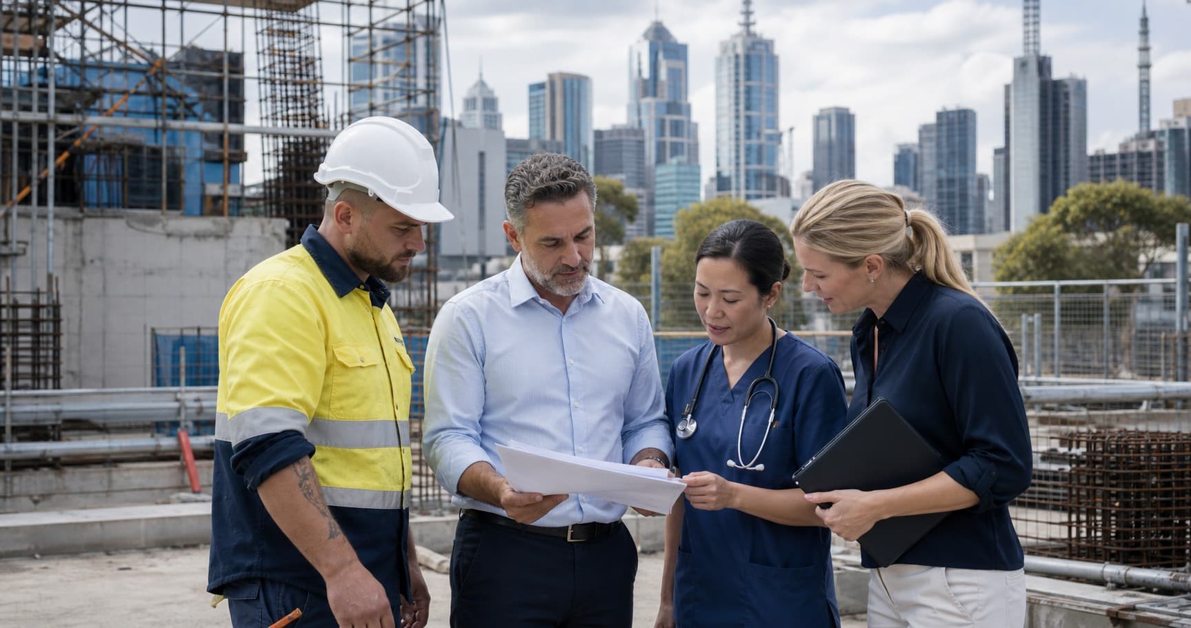 A construction worker, a healthcare worker in scrubs and two office workers reading a document together, the Melbourne skyline behind them