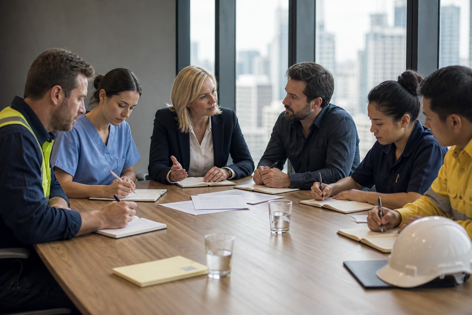 Six people taking notes around a boardroom table, among them workers in hi-vis and medical scrubs