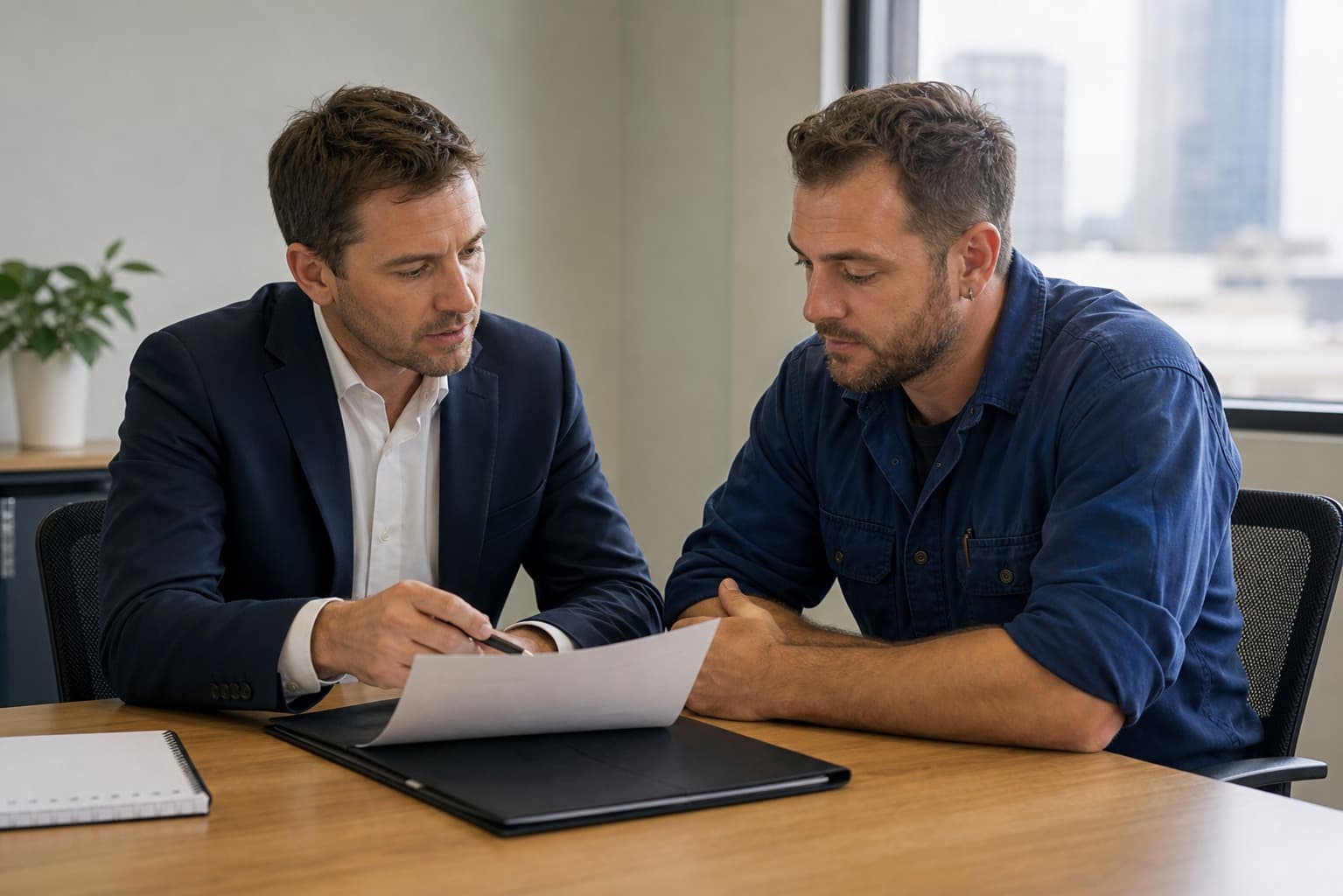 Two men sitting side by side at a table, reading a document together