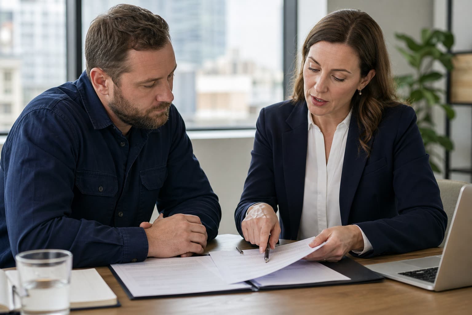 Two people reviewing paperwork at a desk
