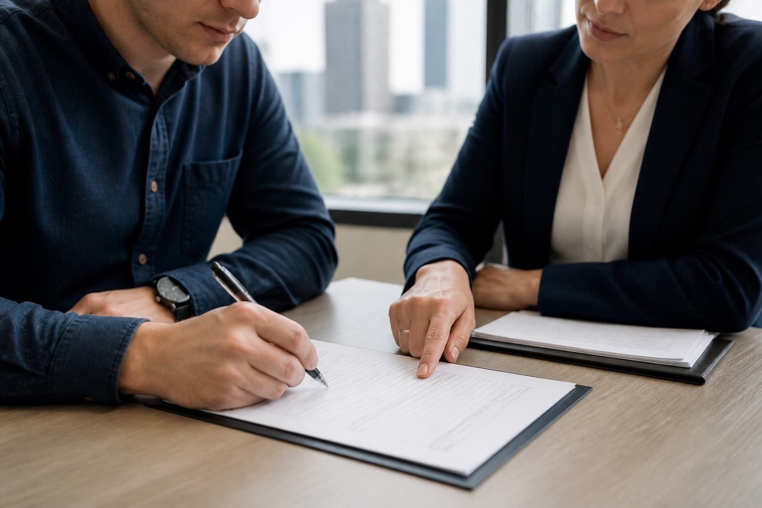A man signing a form while a woman points to a line on the page